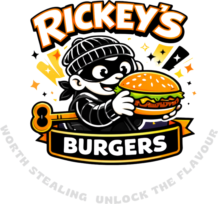 Het logo van Rickey's Burgers: een gemaskerde wasbeer met een burger, met de baseline “worth stealing, unlock the flavour”